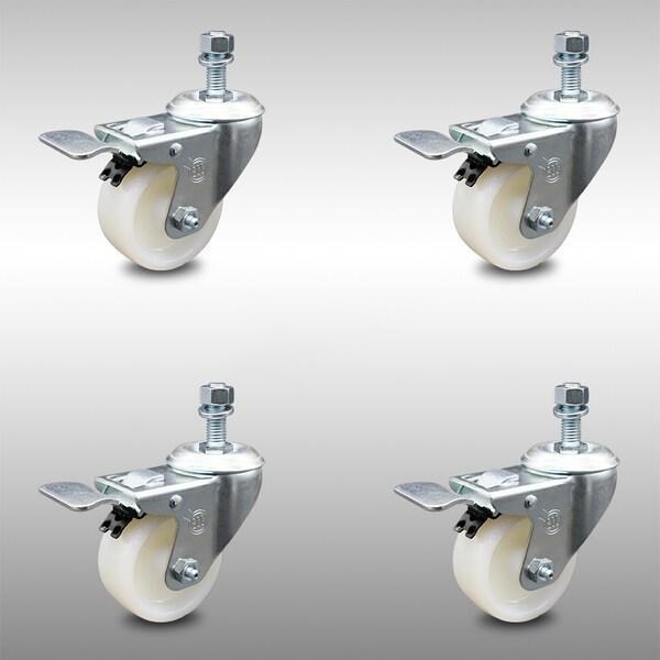 Service Caster 3 Inch SS Nylon Wheel Swivel 3/8 Inch Threaded Stem Caster Set Total Lock Brake SCC-SSTSTTL20S314-NYS-381615-4 - main